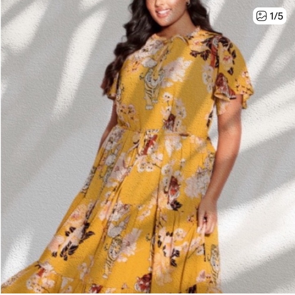 loralette Mustard Floral Tie-Waist Midi Dress